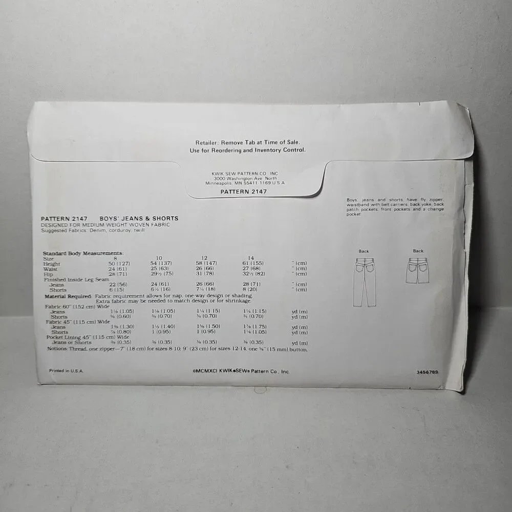 Kwik Sew Pattern 2147 Boys Jeans And Shorts Sealed New Uncut